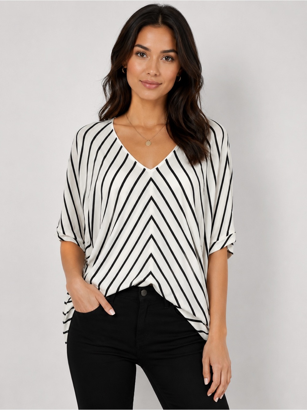 White House Black Market Striped V-Neck Dolman Blouse Top White Black Size S